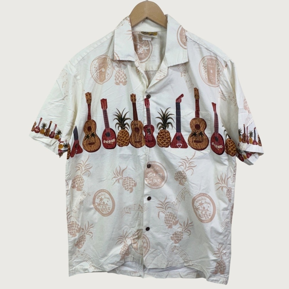 Winnie Fashion Hawaiian Shirt Large White Ukulele Pineapple Aloha Tropical Tiki